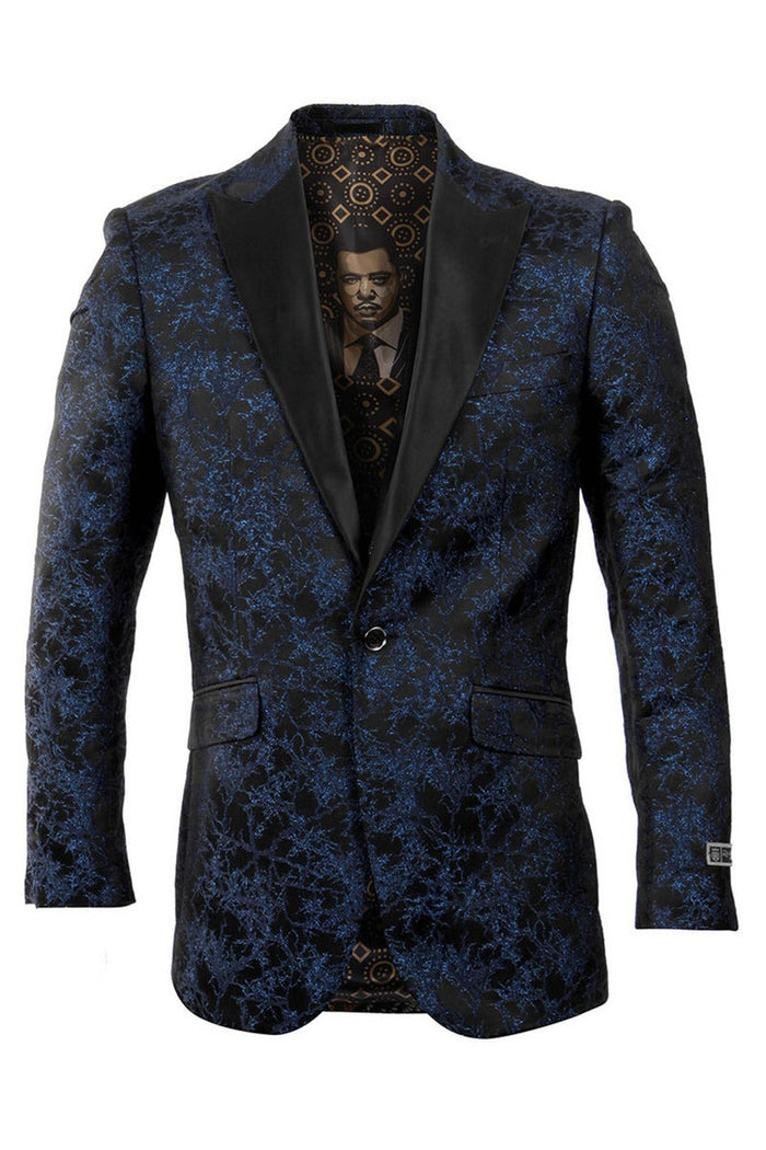 Dark Blue Wedding Suit MEN'S ONE BUTTON NAVY BLUE FLORAL PRINT PROM TUXEDO BLAZER