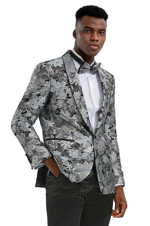 Silver Prom Suit Mens Gray Tuxedo - Grey Wedding Suit-Mens Slim Fit Paisely Prom Tuxedo Jacket In Charcoal & Silver Grey