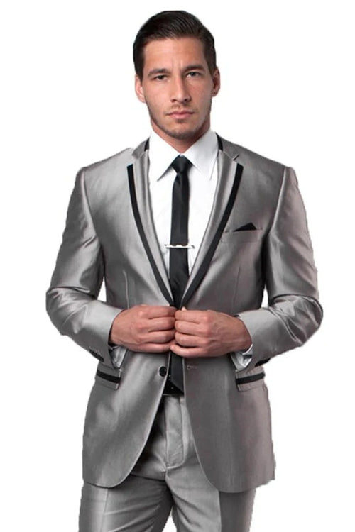 Silver Prom Suit Mens Gray Tuxedo - Grey Wedding Suit-Men'S Two Button Slim Fit Wedding & Prom Tuxedo Suit In Shiny Silver Sharkskin With Black Piping