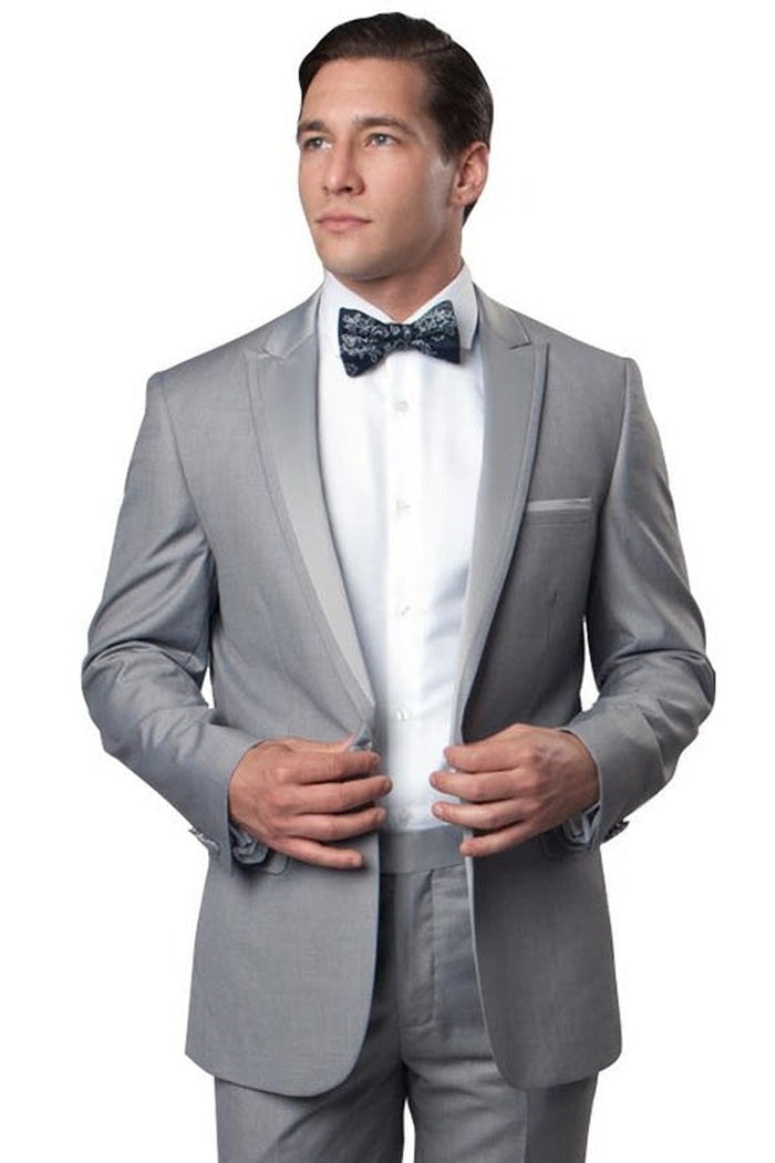Wedding grey tuxedo MEN'S SLIM FIT ONE BUTTON SATIN TRIM PEAK LAPEL PROM & WEDDING TUXEDO IN LIGHT GREY PROMTUXEDO