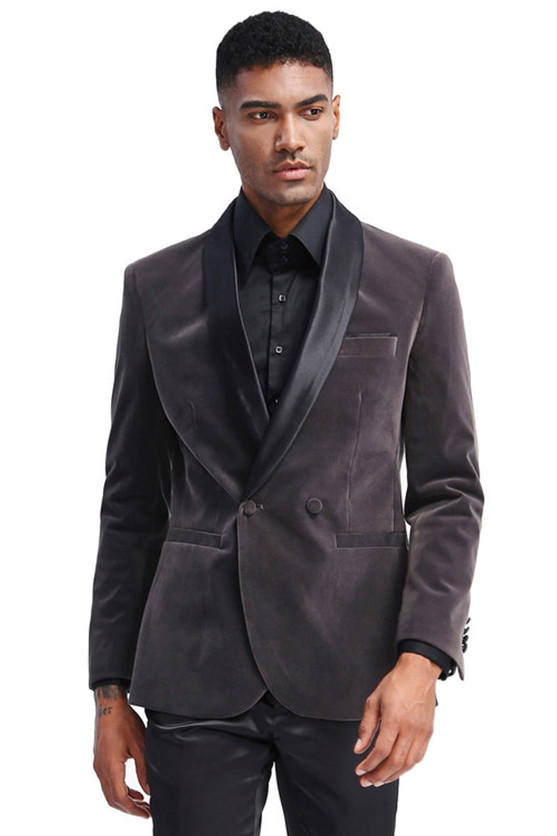 Wedding grey tuxedo MEN'S SLIM FIT DOUBLE BREASTED VELVET SMOKIN JACKET IN GREY by PROMTUXEDO