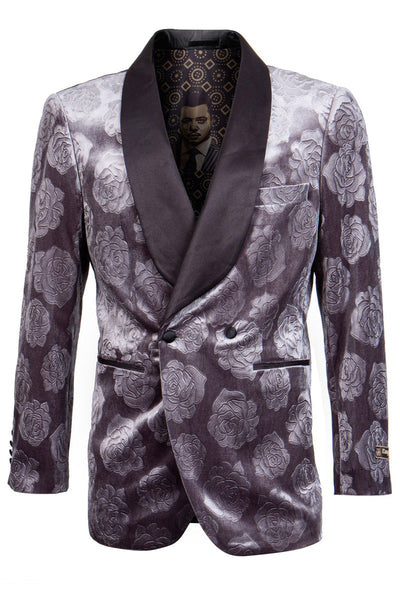 Wedding grey tuxedo MEN'S DOUBLE BREASTED FLORAL ROSE PRINT VELVET SMOKING JACKET IN GREY