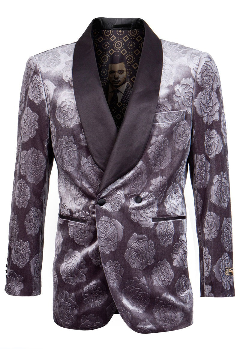 Wedding grey tuxedo MEN'S DOUBLE BREASTED FLORAL ROSE PRINT VELVET SMOKING JACKET IN GREY by PROMTUXEDO