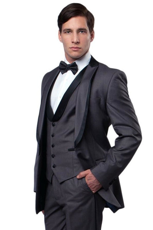 Wedding grey tuxedo MEN'S ONE BUTTON SATIN TRIMMED PEAK LAPEL VESTED FANCY TUXEDO IN CHARCOAL GREY