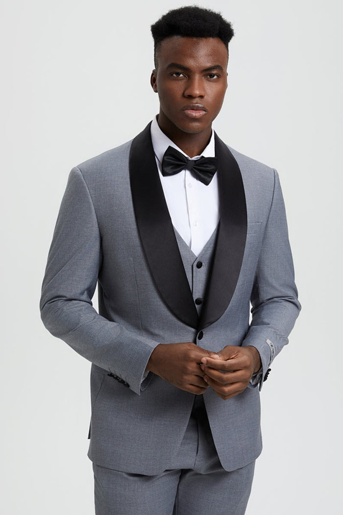 Wedding grey tuxedo MEN'S STACY ADAMS VESTED ONE BUTTON SHAWL LAPEL DESIGNER TUXEDO IN GREY