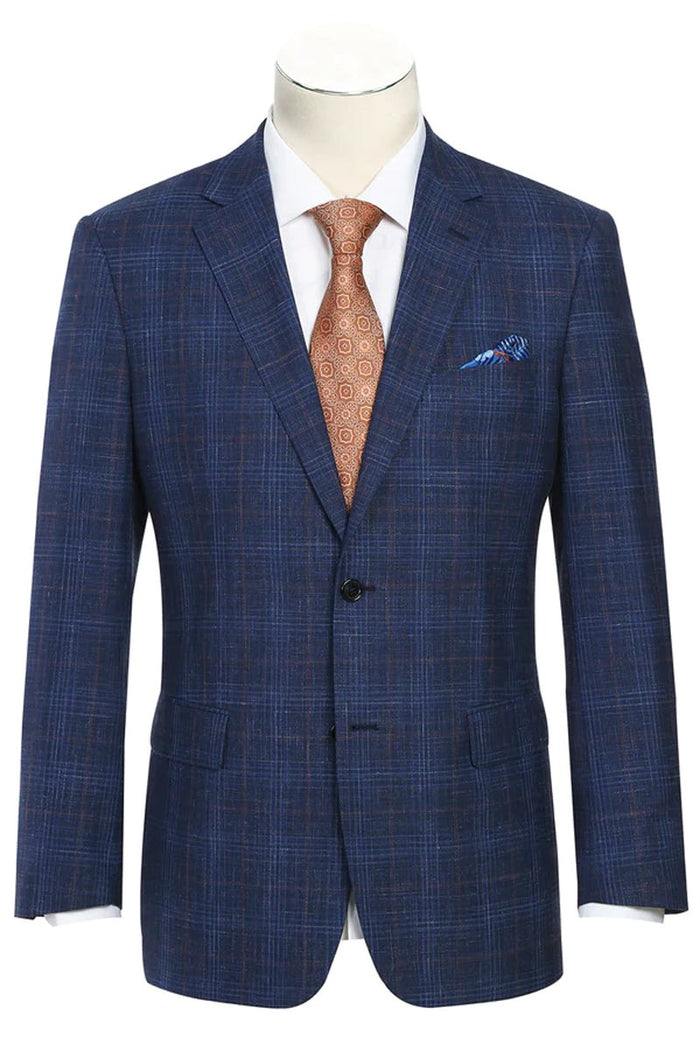 Saco Vaquero Western Sport Coat - Western Mens Classic Fit Two Button Wool & Linen Sport Coat Blazer in Blue Windowpane Plaid
