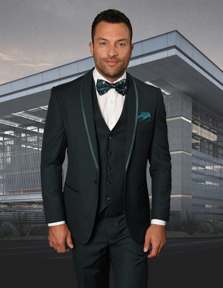 Prom Tuxedo - Wedding Suit - Groom Suit STATEMENT MEN'S HUNTER WITH TRIM LAPEL VESTED 100% WOOL TUXEDO