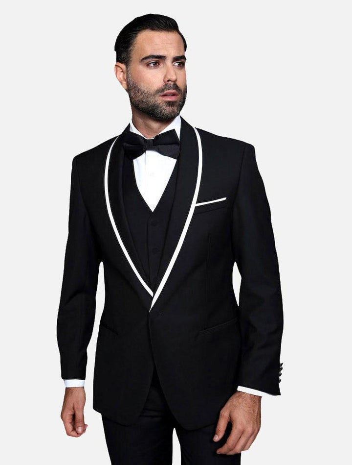Prom Tuxedo - Wedding Suit - Groom Suit STATEMENT MEN'S BLACK WITH WHITE LAPEL VESTED 100% WOOL TUXEDO