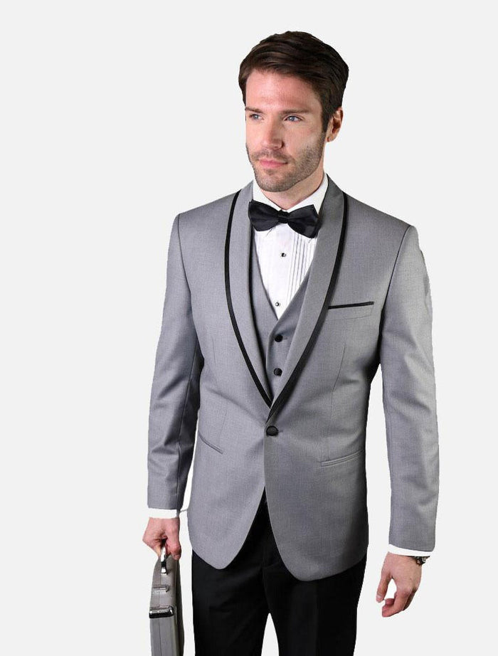 Prom Tuxedo - Wedding Suit - Groom Suit MEN'S GREY WITH BLACK LAPEL VESTED 100% WOOL TUXEDO - PROMTUXEDO