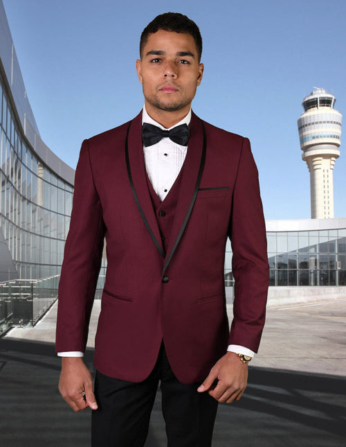 Maroon Prom Suit - Maroon Prom Tuxedo Suits - Maroon Wedding Tuxedo Mens Vested Wool Tuxedo in Shawl Lapel with Satin Trim in Burgundy & Black