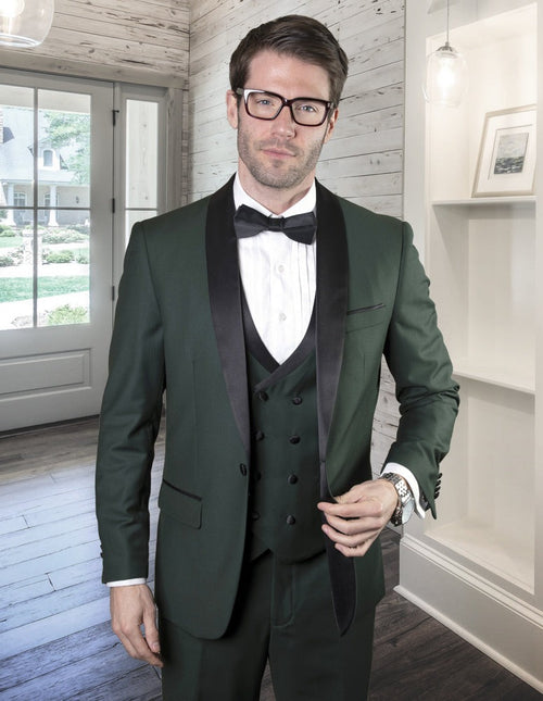 Prom Tuxedo - Wedding Suit - Groom Suit STATEMENT MEN'S HUNTER GREEN VESTED TUXEDO WITH BLACK TRIM SHAWL LAPEL