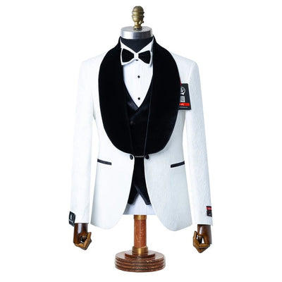 White with Black Velvet Lapel 3-Piece Tailored-Fit Tuxedo