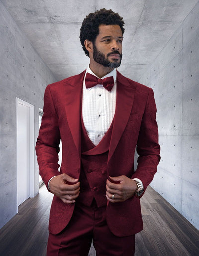 Prom Tuxedo - Wedding Suit - Groom Suit STATEMENT MEN'S BURGUNDY PATTERNED VESTED TUXEDO WITH BOWTIE by PROMTUXEDO