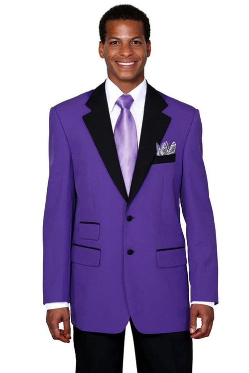 Purple Wedding Tuxedo MEN'S ONE BUTTON VESTED SHAWL TUXEDO IN PURPLE BIRDSEYE WITH BLACK SATIN TRIM