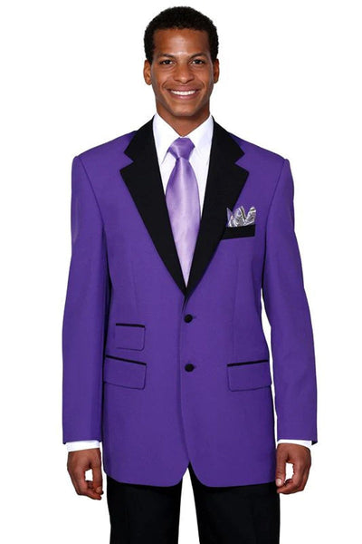 Purple Wedding Tuxedo MEN'S ONE BUTTON VESTED SHAWL TUXEDO IN PURPLE BIRDSEYE WITH BLACK SATIN TRIM by PROMTUXEDO