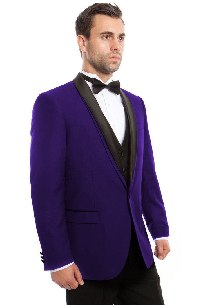 Purple Wedding Tuxedo MEN'S ONE BUTTON VESTED SATIN TRIMMED SHAWL LAPEL TUXEDO IN PURPLE