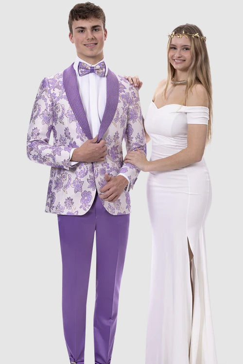 Purple Wedding Tuxedo MENS SLIM FIT STUDDED LAPEL PAISLEY PROM TUXEDO IN LAVENDER