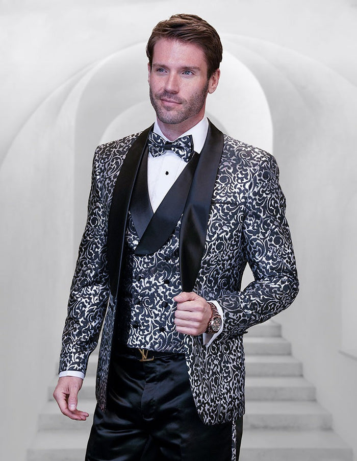 Prom Tuxedo - Wedding Suit - Groom Suit MEN'S BLACK PATTERNED VESTED TUXEDO WITH BOWTIE