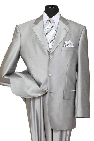 Silver Prom Suit - Platinum Color With Stage Suit MENS CLASSIC FIT 3 BUTTON SHINY SHARKSKIN SUIT IN SILVER GREY