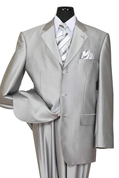 Silver Prom Suit - Platinum Color With Stage Suit MENS CLASSIC FIT 3 BUTTON SHINY SHARKSKIN SUIT IN SILVER GREY