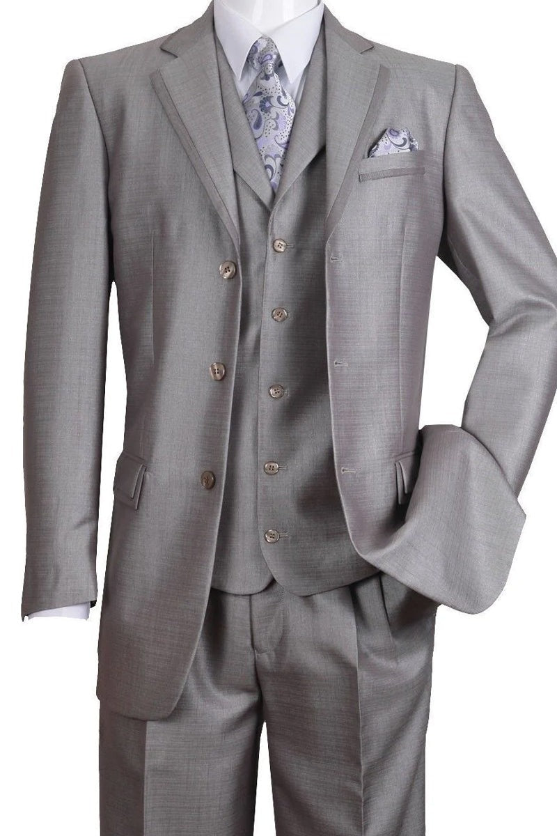Silver Prom Suit - Platinum Color With Stage Suit MENS 3 BUTTON VESTED TEXTURED SHINY SHARKSKIN CHURCH SUIT IN SILVER GREY