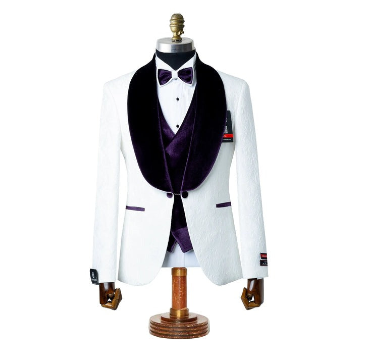 White with Purple Velvet Lapel 3-Piece Tailored-Fit Tuxedo