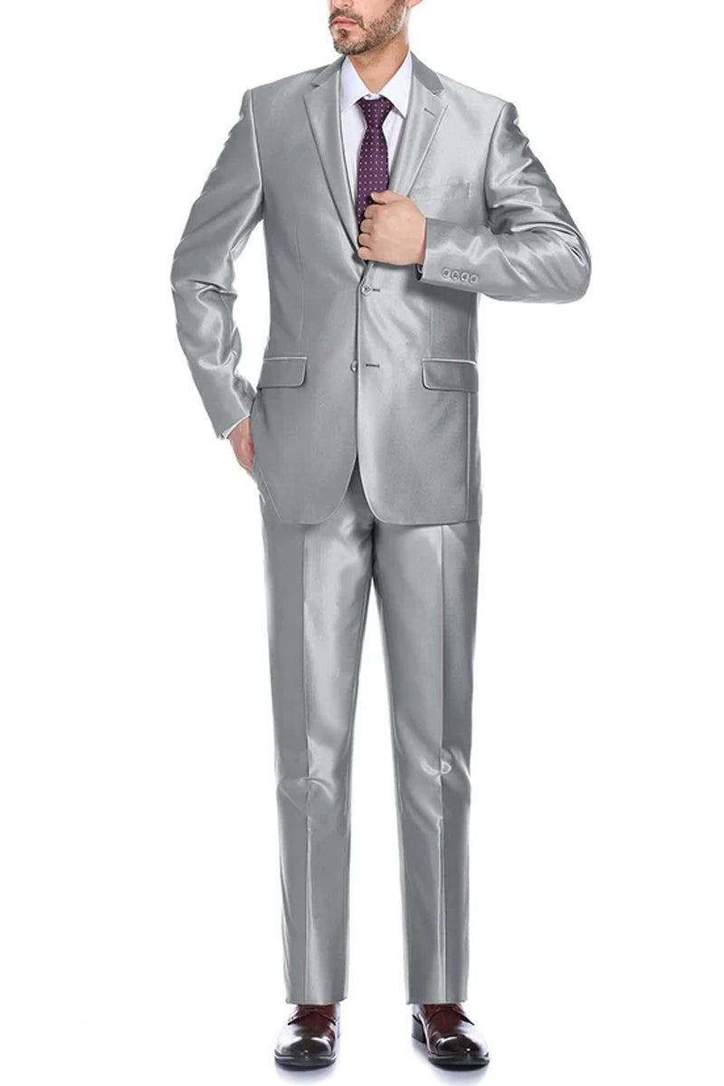 Silver Prom Suit - Platinum Color With Stage Suit MENS BASIC TWO BUTTON SLIM FIT SUIT WITH OPTIONAL VEST IN SHINY SILVER GREY SHARKSKIN