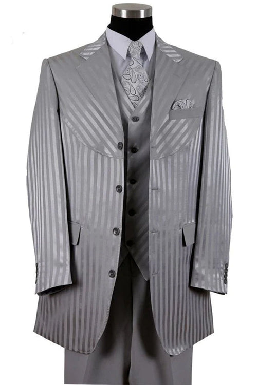 Silver Prom Suit - Platinum Color With Stage Suit MENS 4 BUTTON SEMI WIDE LEG SHINY TONAL STRIPE FASHION SUIT IN SILVER