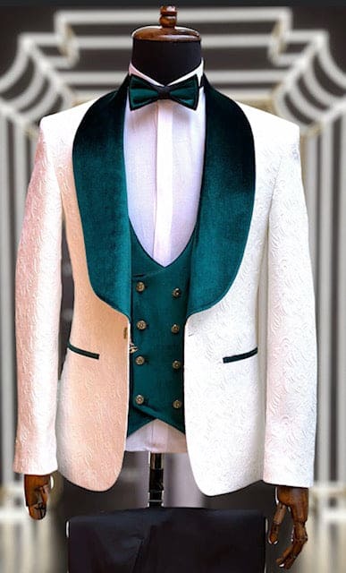 Wide Shawl Lapel Tuxedo - Wedding Groom White & Green Suit - Vested With Bowtie by Fortino Landiin