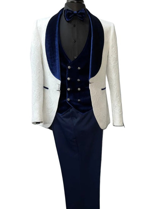 Wide Shawl Lapel Tuxedo  - Wedding Groom White & Blue Suit -  Vested With Bowtie