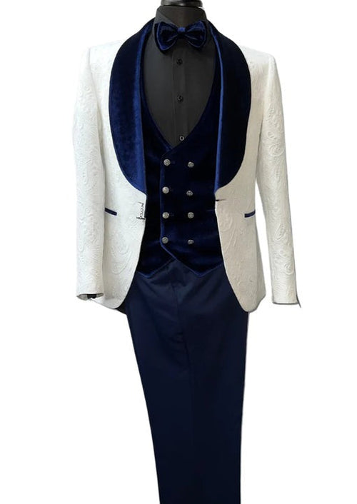 Wide Shawl Lapel Tuxedo - Wedding Groom White & Blue Suit - Vested With Bowtie by Fortino Landiin