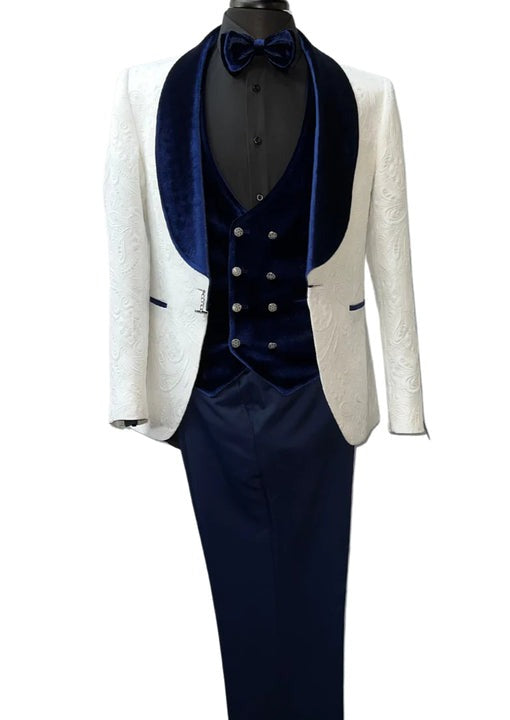 Wide Shawl Lapel Tuxedo - Wedding Groom White & Blue Suit - Vested With Bowtie by Fortino Landiin