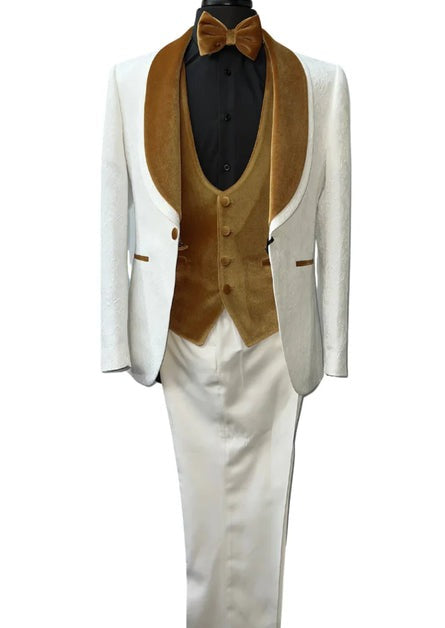 Wide Shawl Lapel Tuxedo - Wedding Groom White & Golden - Vested With Bowtie by Fortino Landiin