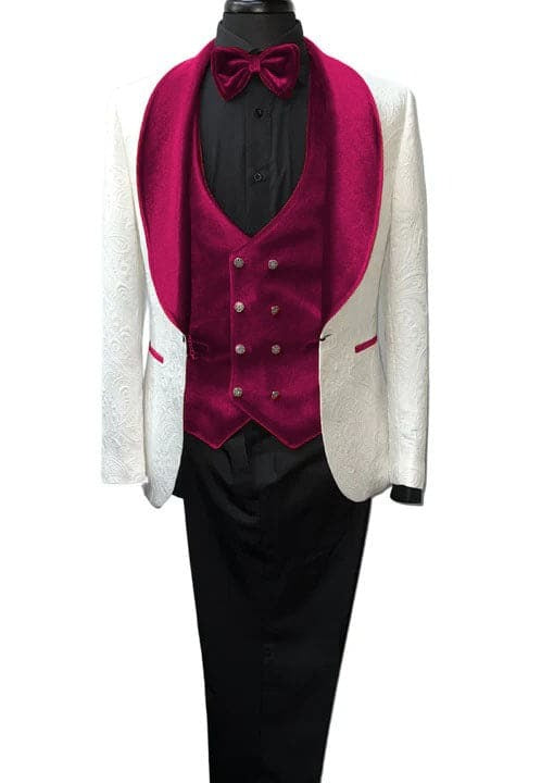 Wide Shawl Lapel Tuxedo  - Wedding Groom White & Burgundy -  Vested With Bowtie