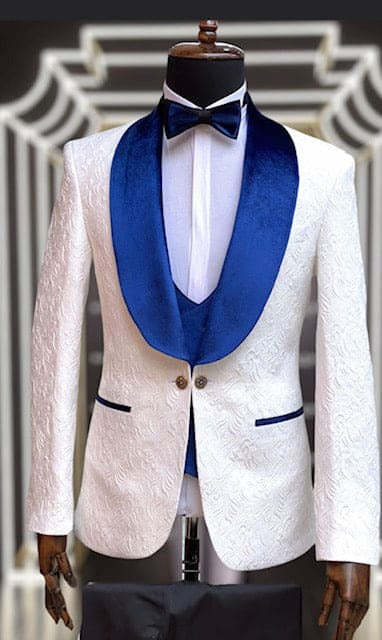 Wide Shawl Lapel Tuxedo  - Wedding Groom White & Blue -  Vested With Bowtie