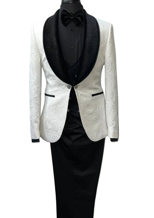 Wide Shawl Lapel Tuxedo  - Wedding Groom White & Black -  Vested With Bowtie