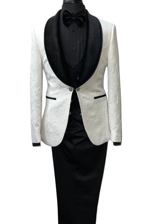Wide Shawl Lapel Tuxedo - Wedding Groom White & Black - Vested With Bowtie by Fortino Landiin