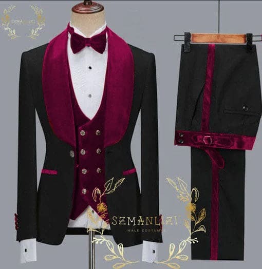 Wide Shawl Lapel Tuxedo - Wedding Groom Black & Burgundy - Vested With Bowtie by Fortino Landiin