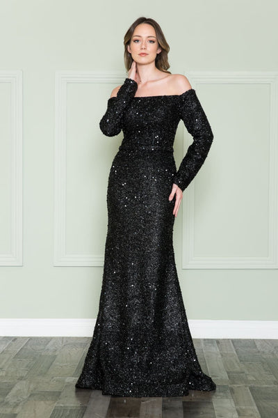 POLY USA 8876 Long Sleeve Sequin Off Shoulder Dress For Holiday Party