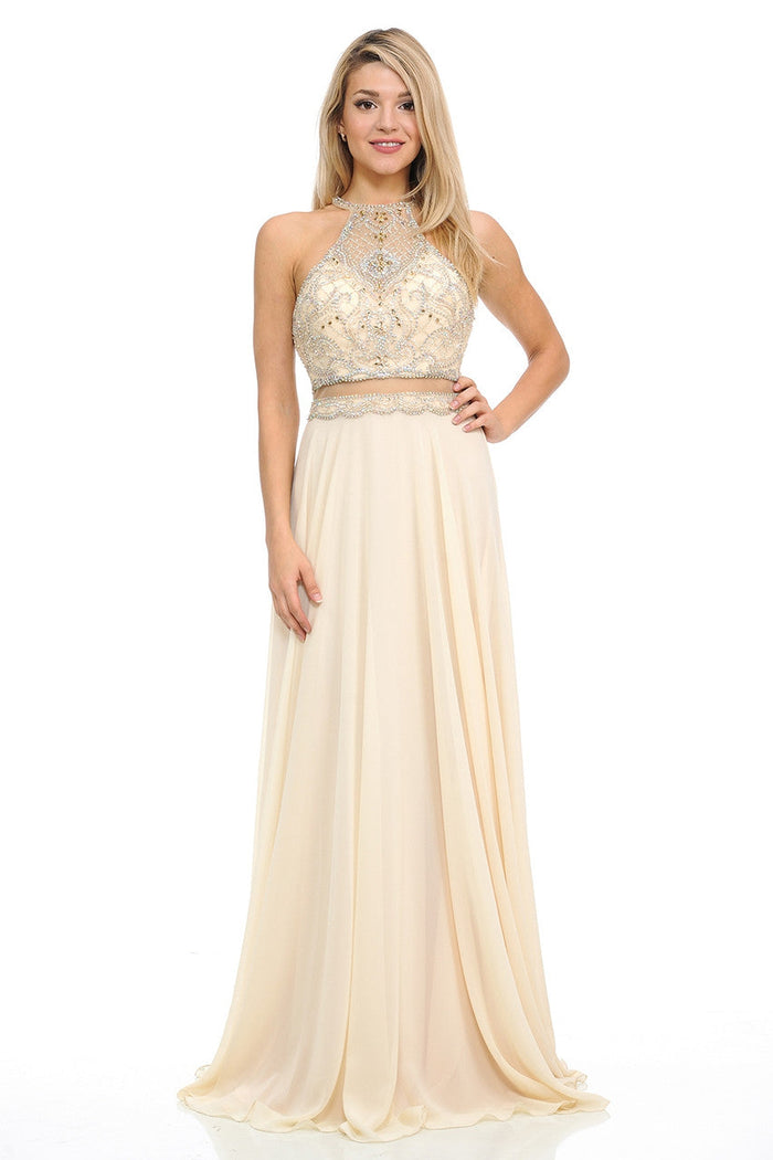 Lenovia 8122 Illusion Halter Beaded Chiffon A-line Dress