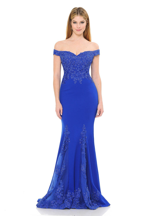 Off-Shoulder Beaded Embroidered Mermaid Formal Gown with Mesh Godet Skirt By Lenovia 8137