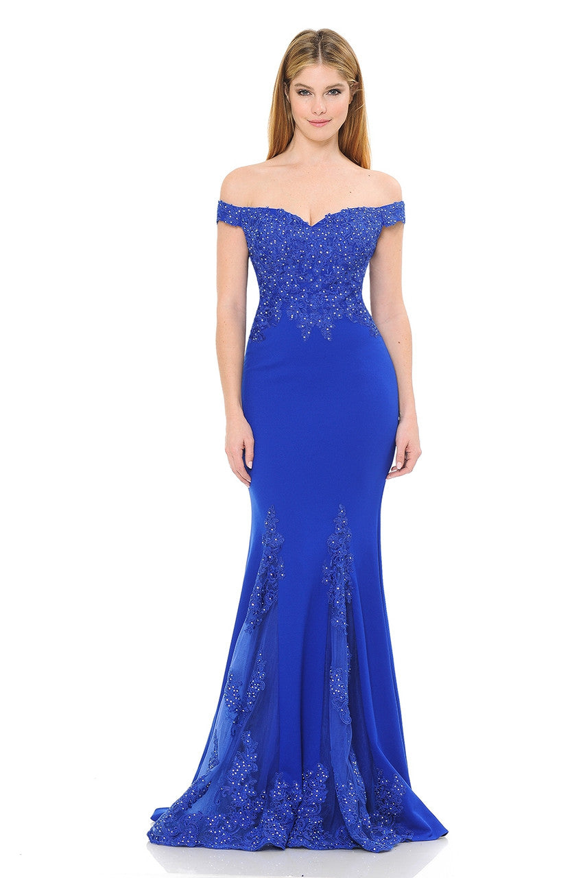Off-Shoulder Beaded Embroidered Mermaid Formal Gown with Mesh Godet Skirt By Lenovia 8137