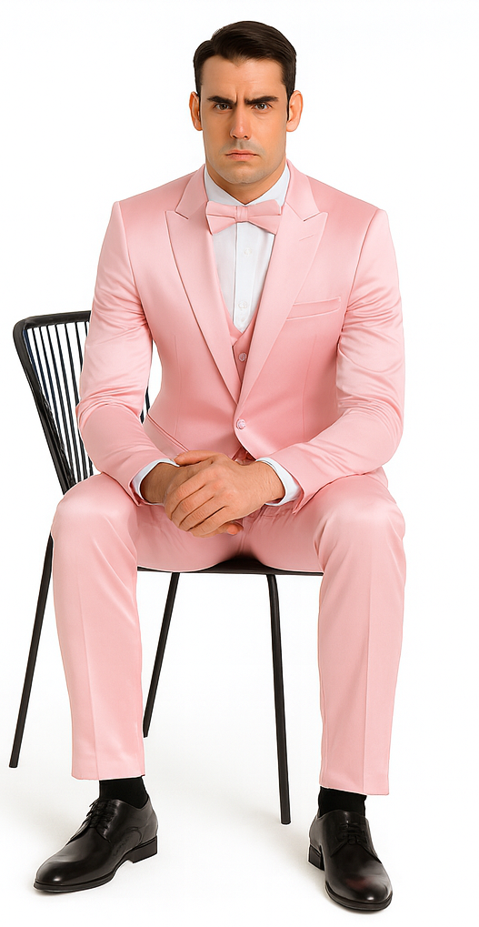 Men's Dusty Rose Satin 3 Piece Slim Fit Tazzio Suit with Peak Lapel and Double Breasted Vest – Stylish