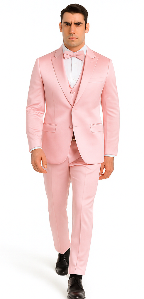 Men's Dusty Rose Satin 3 Piece Slim Fit Tazzio Suit with Peak Lapel and Double Breasted Vest – Stylish