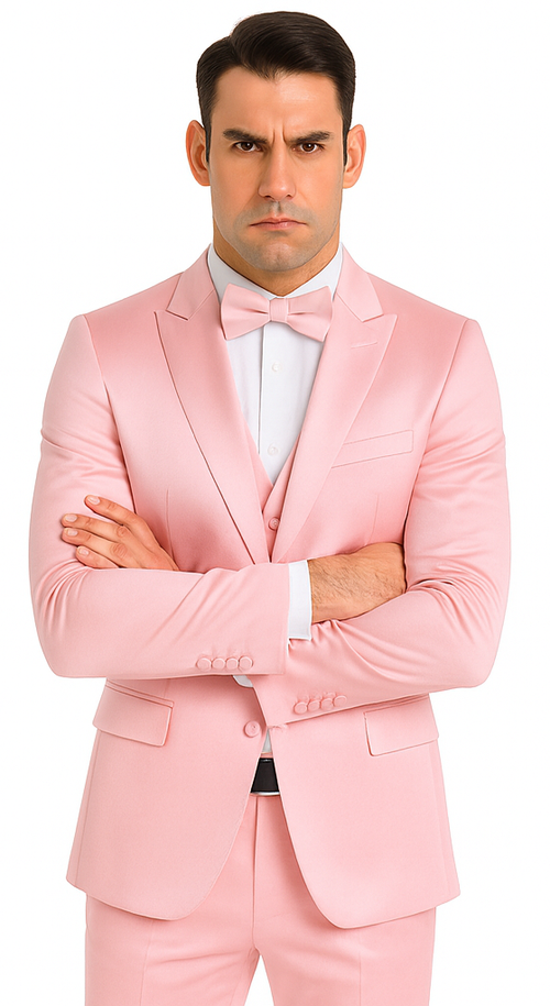 Men's Dusty Rose Satin 3 Piece Slim Fit Tazzio Suit with Peak Lapel and Double Breasted Vest – Stylish