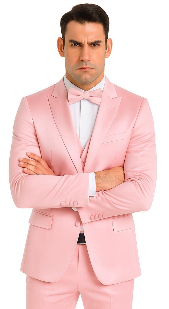 Men's Dusty Rose Satin 3 Piece Slim Fit Tazzio Suit with Peak Lapel and Double Breasted Vest – Stylish