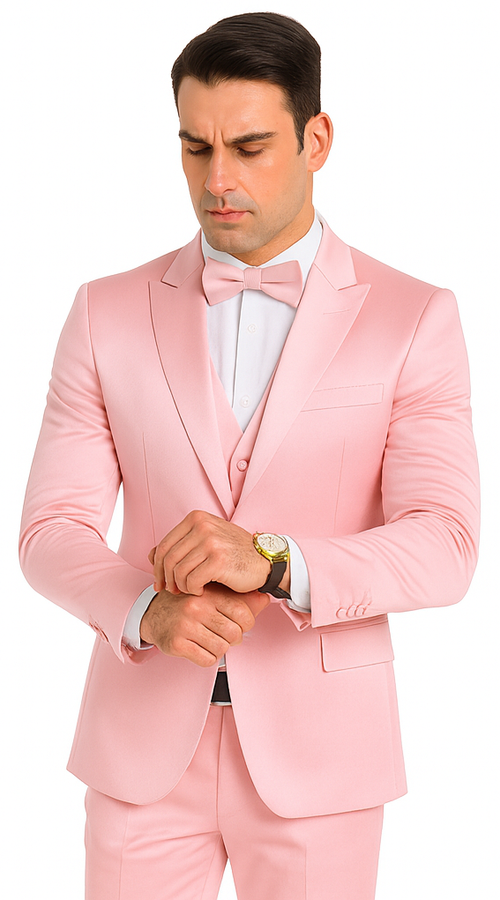 Men's Dusty Rose Satin 3 Piece Slim Fit Tazzio Suit with Peak Lapel and Double Breasted Vest – Stylish