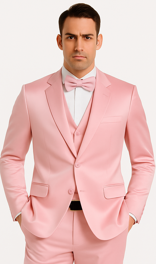 Men's Dusty Rose Satin 3 Piece Slim Fit Tazzio Suit with Peak Lapel and Double Breasted Vest – Stylish