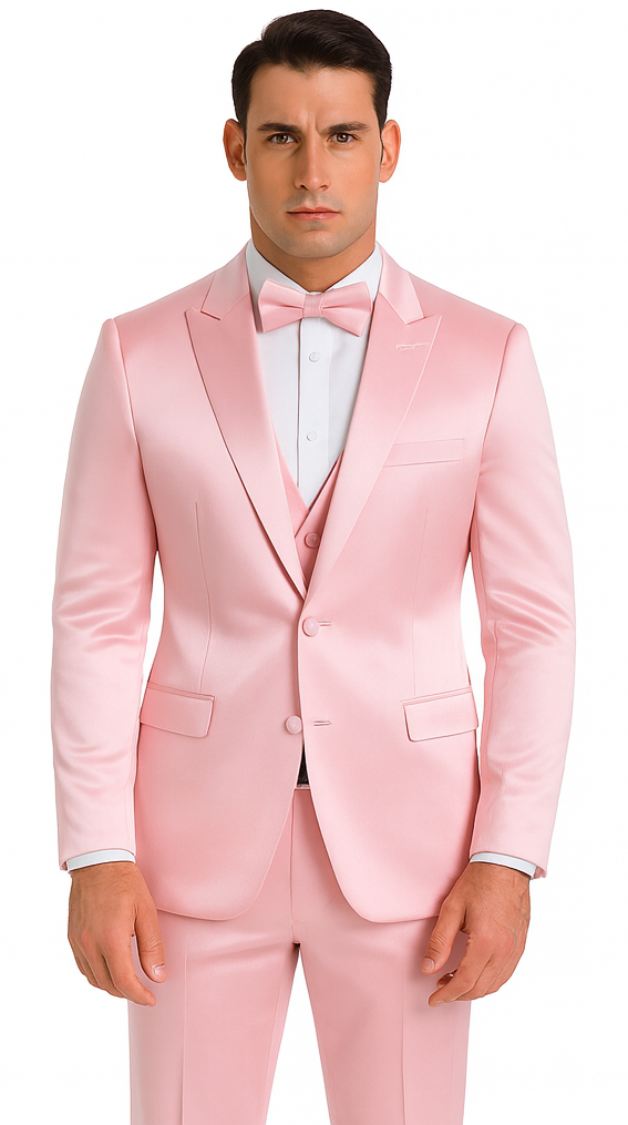 Men's Dusty Rose Satin 3 Piece Slim Fit Tazzio Suit with Peak Lapel and Double Breasted Vest – Stylish