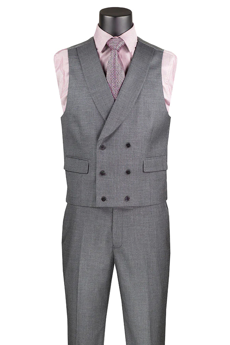 Men's Summer Sharkskin Suit with Double Breasted Vest in Charcoal Grey